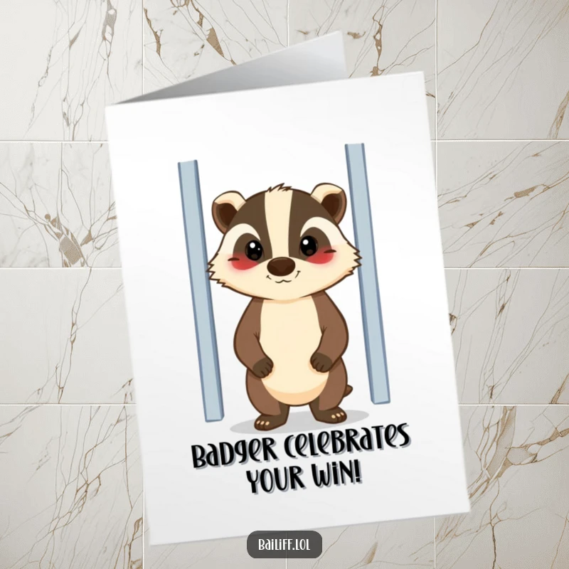 Funny Free Printable Congratulations Card: A cheerful badger stands guard with a stern, kindly expression.