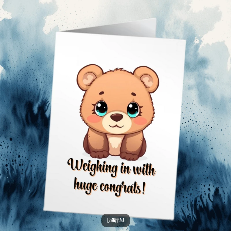 Funny Free Printable Congratulations Card: Curious bear cub with wide eyes checks a scale, celebrating well-earned success.