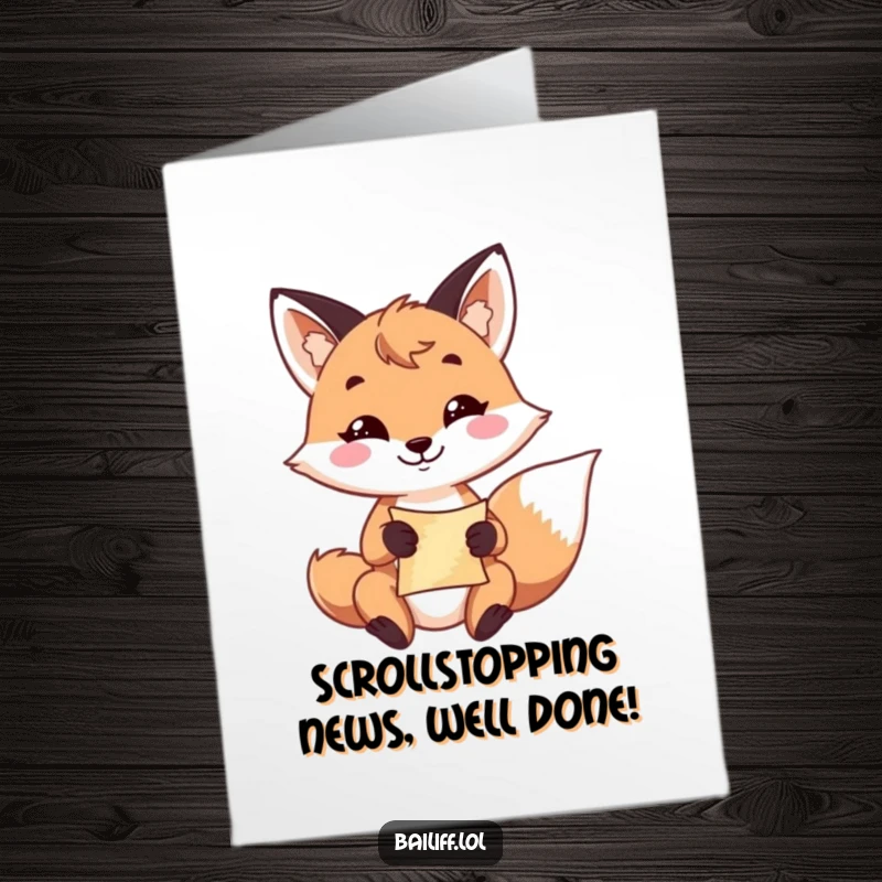 Funny Free Printable Congratulations Card: A playful fox grins resolutely, holding a scroll of good news.