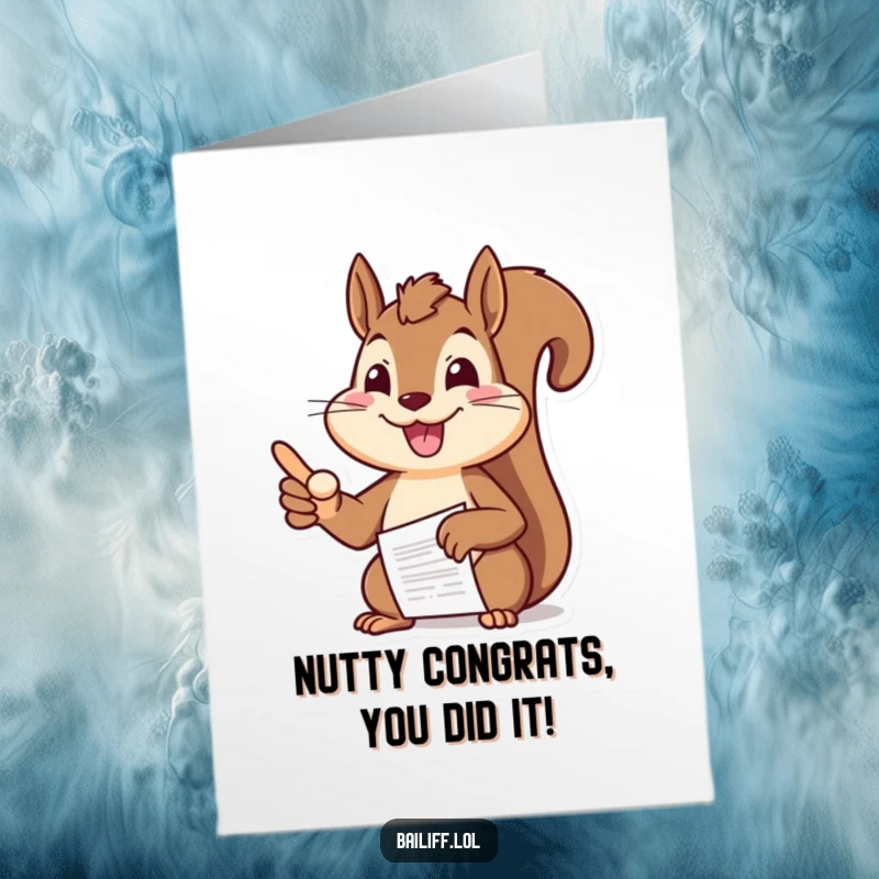 Funny Free Printable Congratulations Card: Smiling squirrel authoritatively points at a document, celebrating your big win.