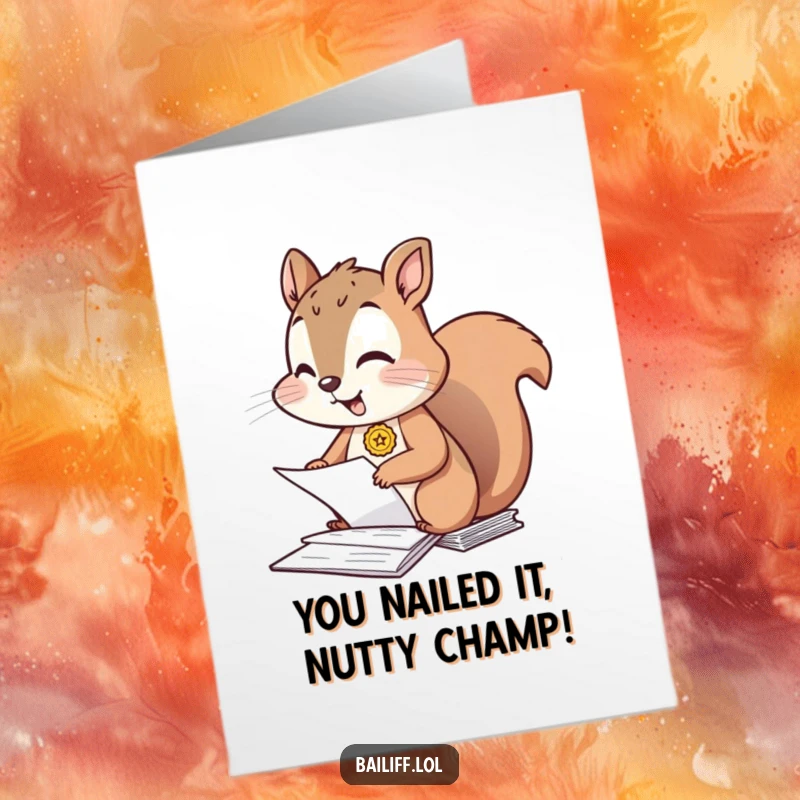 Funny Free Printable Congratulations Card: Giggling squirrel wearing a tiny badge, organizing papers with a proud smile, celebrating success.