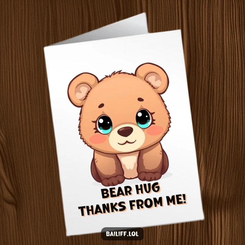 Funny Free Printable Thank You Card: Curious bear cub with simple eyes observes a scale, expressing gratitude.