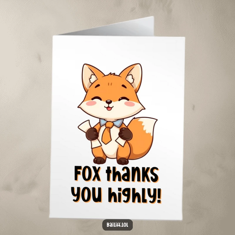 Funny Free Printable Thank You Card: A playful fox with a neat tie holds securely onto a scroll.