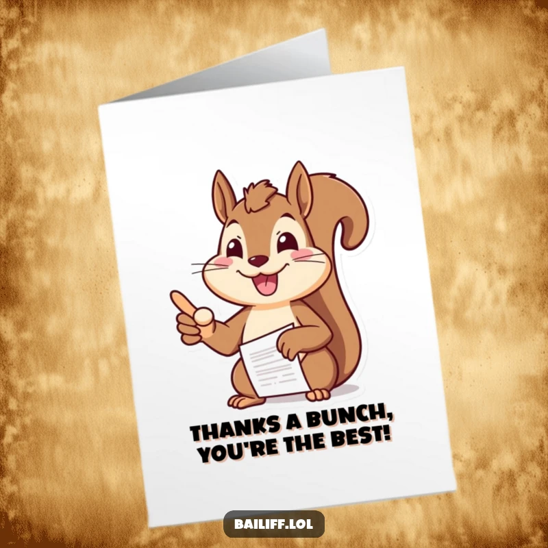 Funny Free Printable Thank You Card: Cheerful squirrel boss points at papers, saying thanks for a job well done.