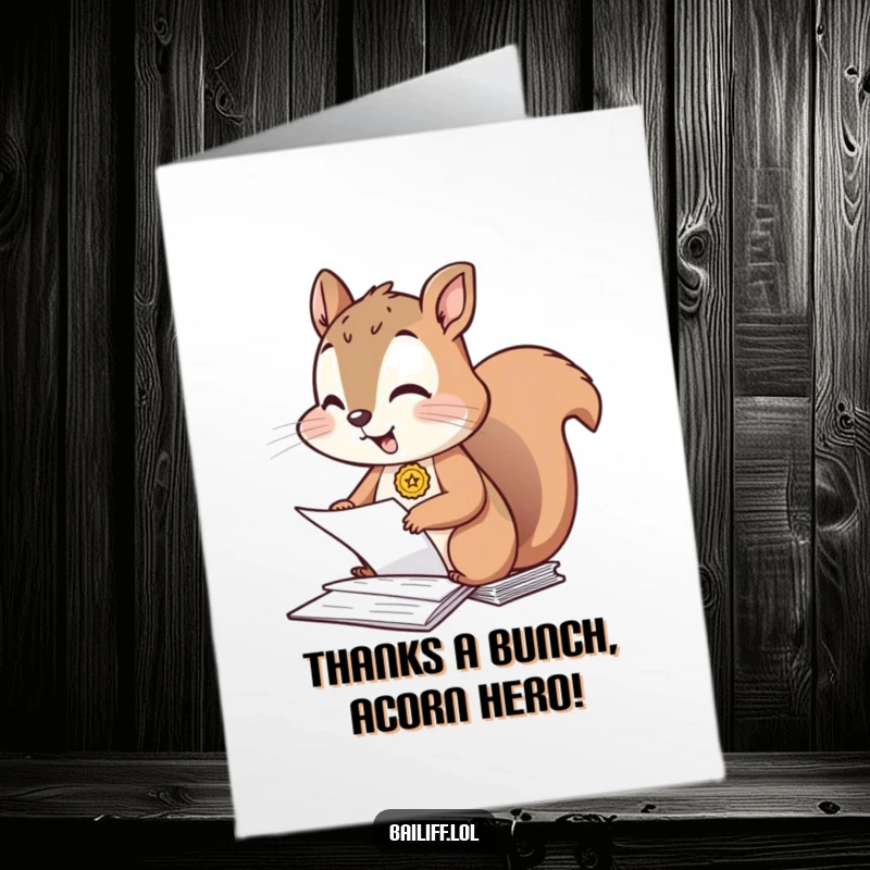 Funny Free Printable Thank You Card: Giggling squirrel wearing a tiny badge, meticulously organizing papers with a thankful grin.