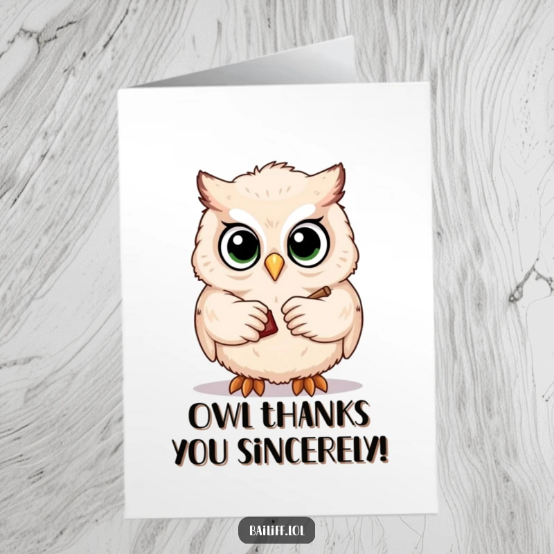 Funny Free Printable Thank You Card: A cute, fluffy owl solemnly taps a tiny gavel.