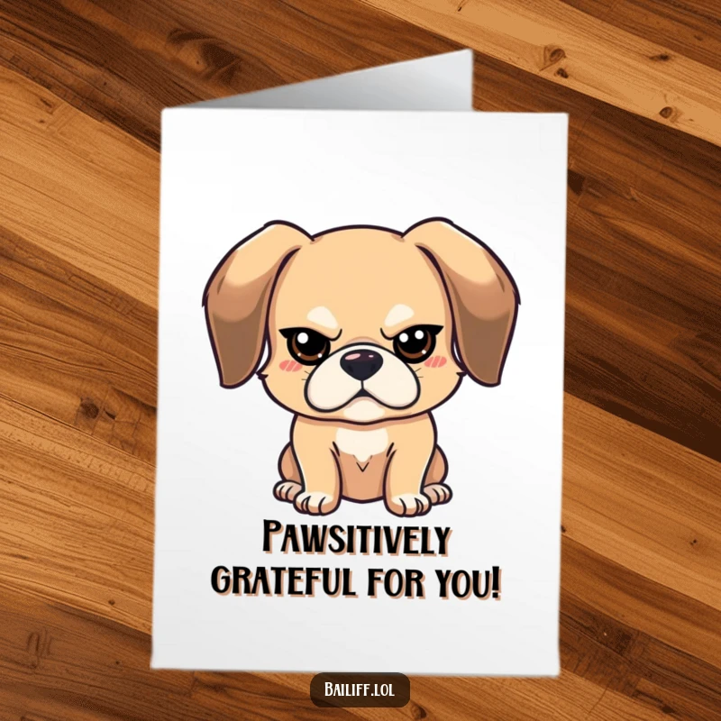 Funny Free Printable Thank You Card: Floppy-eared dog with a stern face offers thanks in a humorous way.