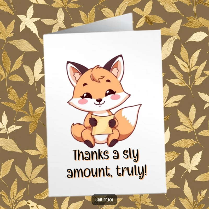 Funny Free Printable Thank You Card: Playful fox with a resolute grin holds a scroll, offering thanks with wit.