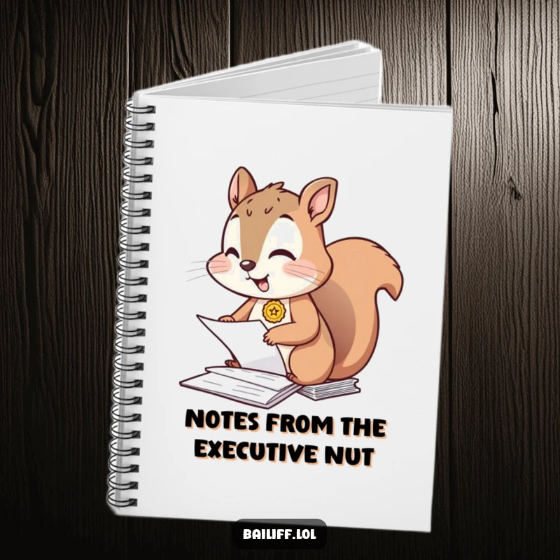 Funny notebook cover showing a giggling squirrel with a small badge, diligently organizing a pile of papers, ready for any writing task.
