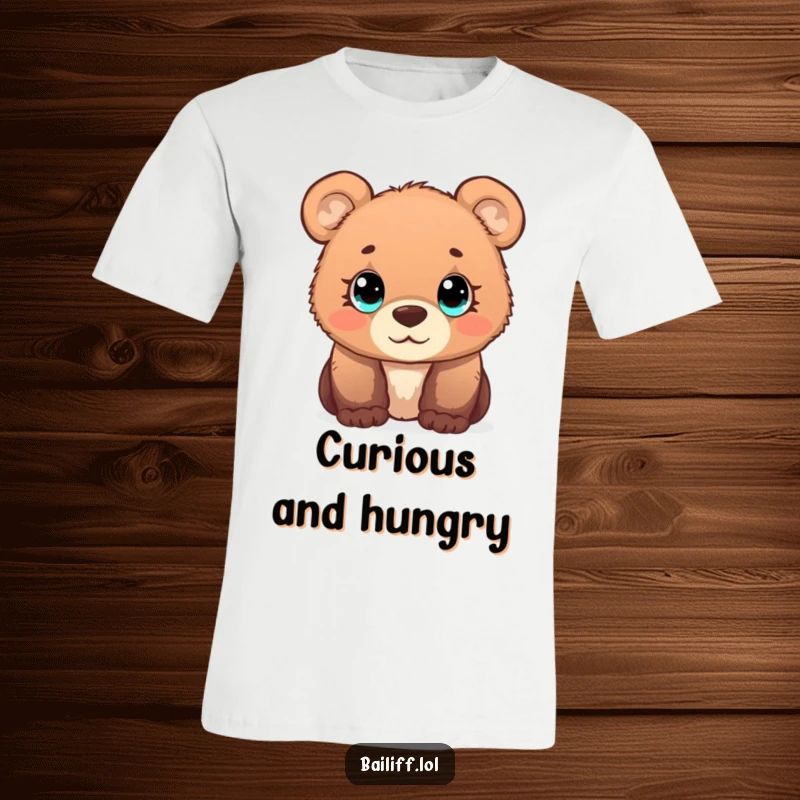 Funny bear cub t-shirt with a curious cub and wide, simple eyes observing a tiny scale, representing thoughtful observation.