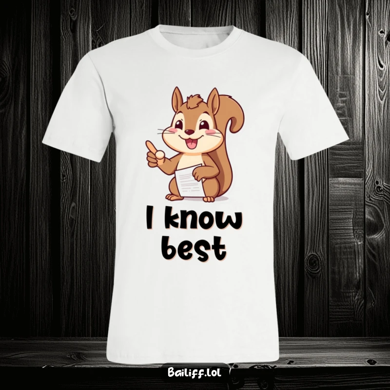 Funny squirrel t-shirt with a cheerful, smiling squirrel in a suit pointing authoritatively at a document, perfect for office humor lovers.