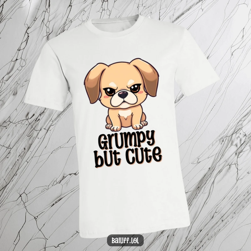 Funny stern dog t-shirt featuring a bouncy, floppy-eared dog with a tiny, stern expression, a humorous statement piece.