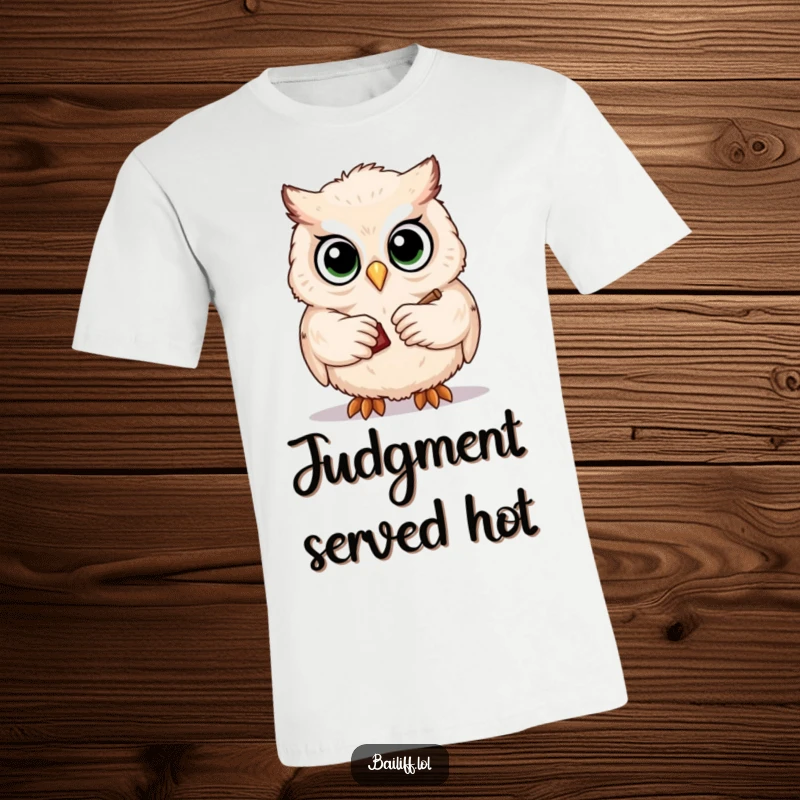 Funny t-shirt showcasing a cute, fluffy owl with big eyes, seriously tapping a small gavel, representing legal authority with humor.