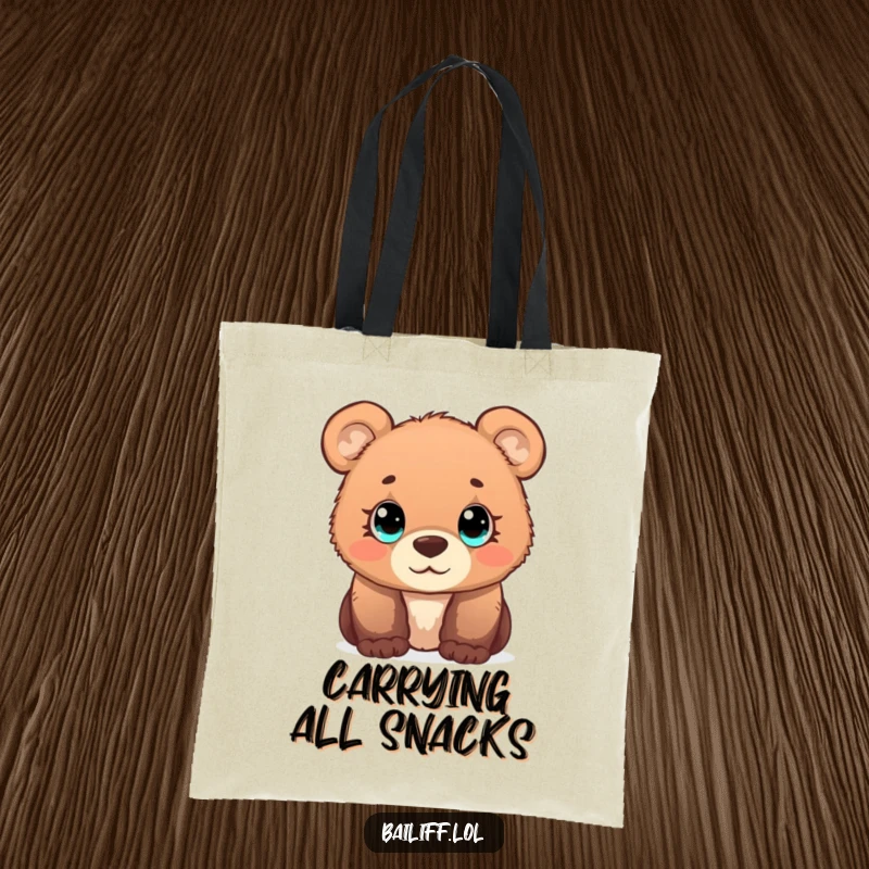 Funny bear cub tote bag showcasing a curious cub with wide, simple eyes observing a tiny scale, perfect for everyday use.