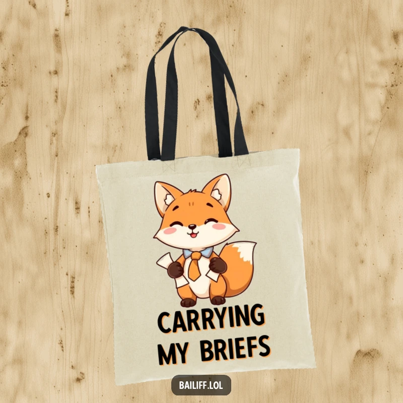 Funny tote bag showcasing a playful fox in a tie, securely holding a scroll of documents, a stylish and amusing accessory.