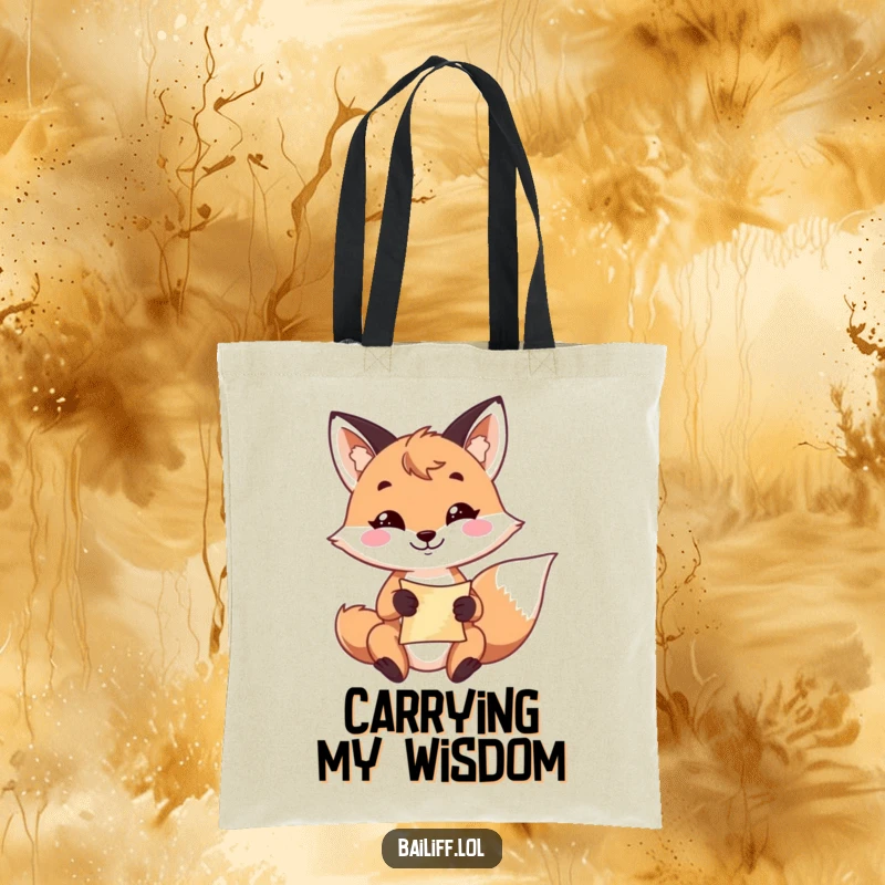 Funny fox tote bag showcasing a playful fox with a resolute grin, holding a small scroll, perfect for carrying essentials.
