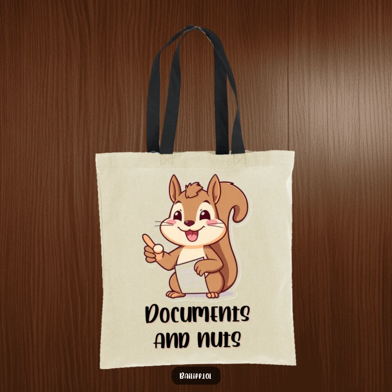 Funny squirrel tote bag showcasing a cheerful squirrel boss pointing authoritatively at a document, ideal for stylish organization.