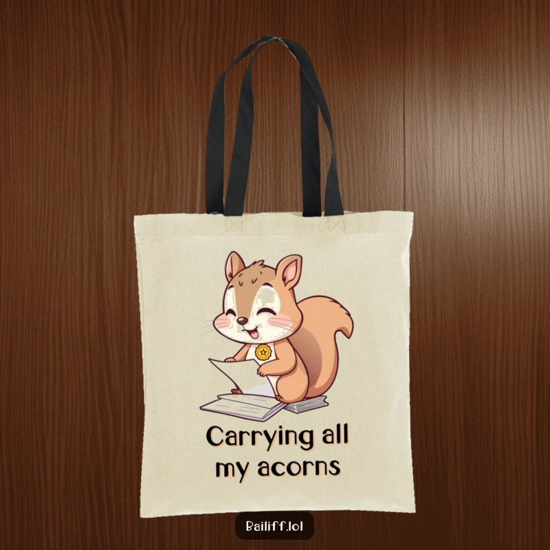 Funny tote bag depicting a giggling squirrel with a tiny badge, enthusiastically organizing a stack of documents, ready for any task.