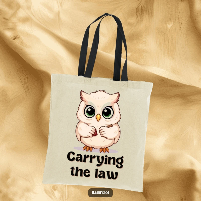 Funny tote bag featuring a cute, wise owl with large eyes, tapping a miniature gavel, a stylish and amusing carry-all.